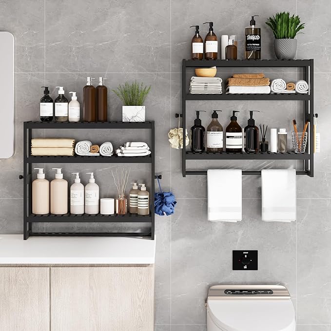 RRX Bathroom Shelf Storage Organizer, Bathroom Shelf 3-Tier Adjustable Layer Bamboo Organizer with Bar, Hanging, Freestanding Over Toilet Utility Shelves, Black