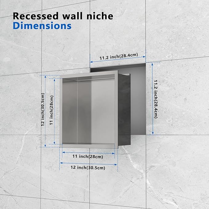 QAOYEDE 12"x12" Recessed Shower Niche with Light, Stainless Steel LED Light Bathroom Shelf, No Tile Needed Waterproof Insert for Wall Storage, Brushed Nickel