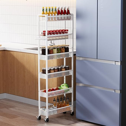 6 Tier Slim Storage Cart with Wheels, 6" D Rolling Storage Cart for Small Space, Metal Narrow Spice Cabinet Mobile Shelving Unit Organizer with Handle for Kitchen, Laundry - White