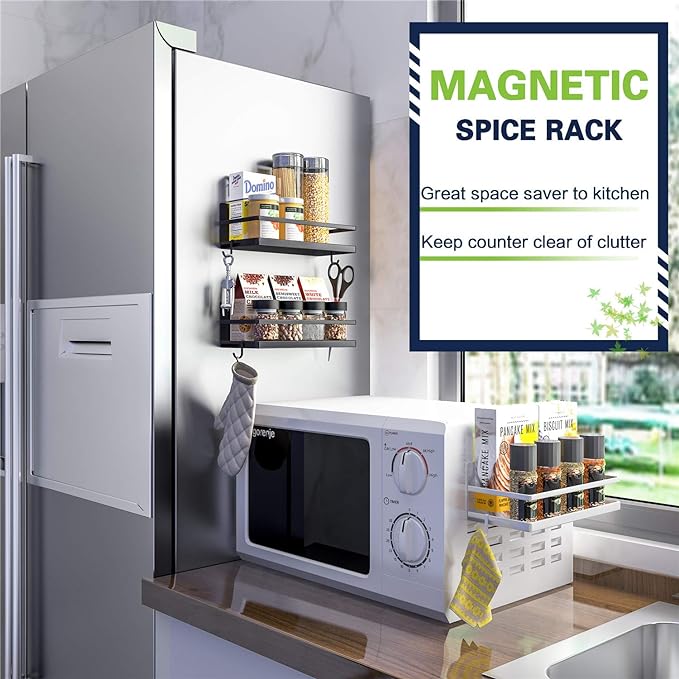 Thipoten Magnetic Spice Rack, Strong Magnetic Shelf with 2 Removable Hooks, Perfect Space Saver for Small Kitchen/Apartment, Awesome Metal Cabinet for Holding Spices, Jars, Salt, Beverage(White)