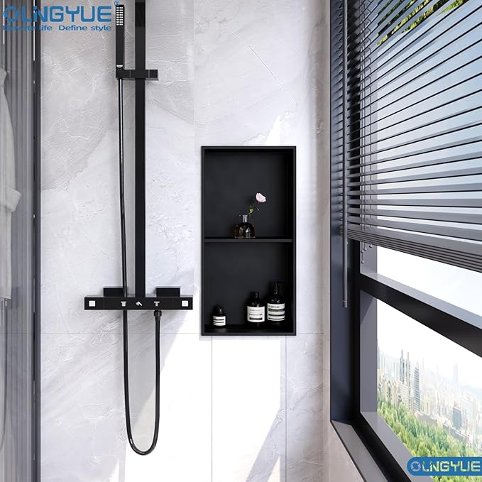 Shower Niche Stainless Steel: No Tile Needed Double Layer - 12x24 Inchs Recessed Wall Niches Shelf for Bathroom Storage - Matte Black