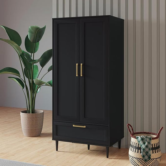 Bedroom Armoire Wardrobe Closet with Hanging Rod,60" 2 Door Almirah for Clothes with Drawers,Morden Storage Cabinet,Black