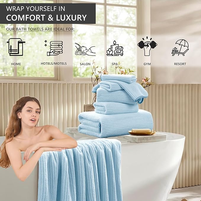 8-Piece Premium Towel Set for Bathroom|2 Oversized Large Bath Sheet,2 Hand Towels,4 Washcloths|Soft Cozy Highly Absorbent Fast Dry Microfiber Shower Towel Set for Hotel Bathroom Essentials,Blue White