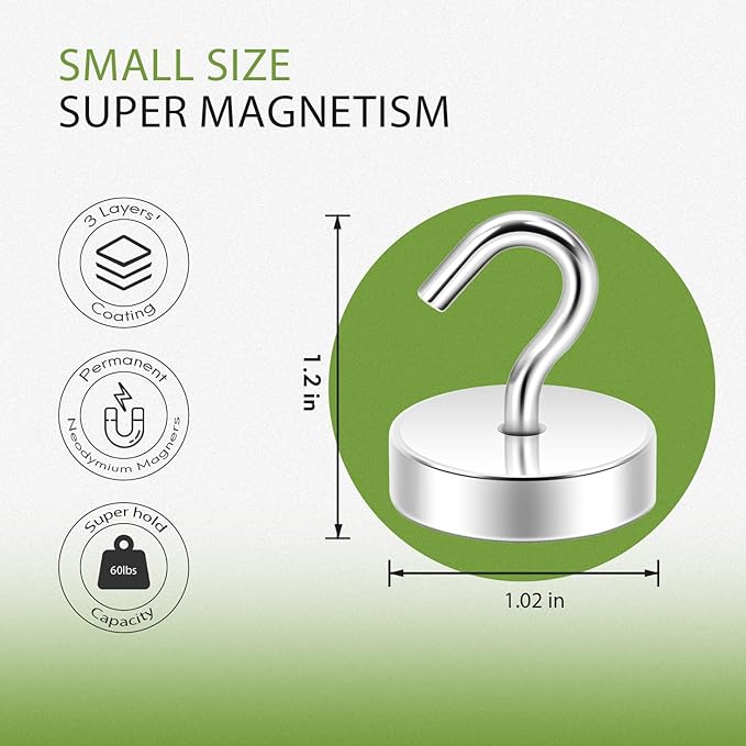 Neosmuk Magnetic Hooks, 60 lb+ Heavy Duty Neodymium Magnet for Hanging, Fridge, Grill, Pot Holders, Magnetic Hanger Swivel Swing for Locker, Toolbox, Classroom Cruise Cabins (White, Pack of 6)