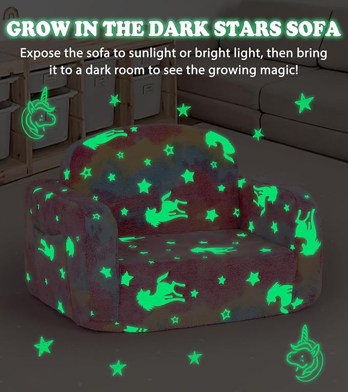 Kids Couch, 2-in-1 Soft Toddler Couch Fold Out with Blanket and Cloud Pillow, Glow in The Dark, Toddler Chair Comfy, Convertible Sofa, Gifts for Kids Girl Boys, Medium Pink Unicorn