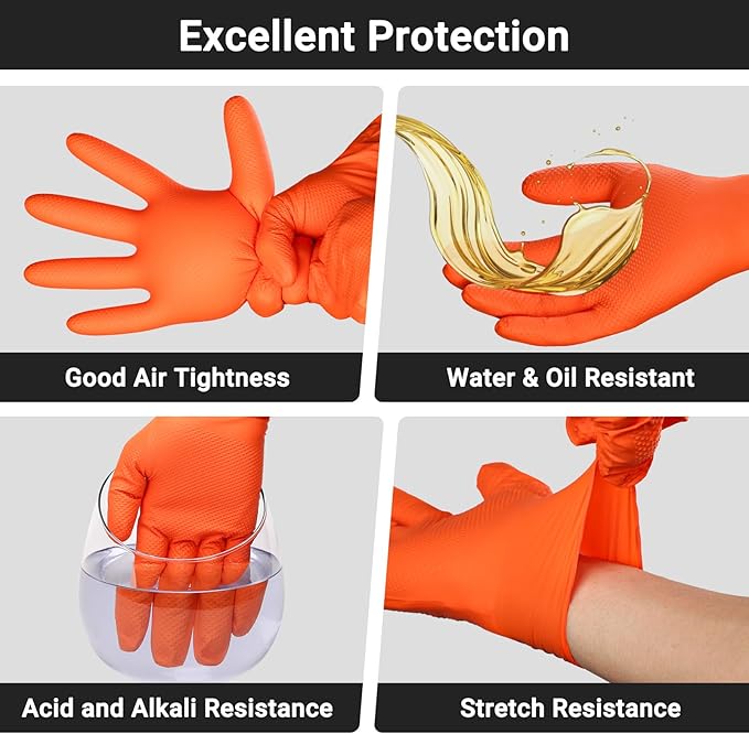 10 Mil Nitrile Gloves for Working, Cleaning, Cooking, 100 PCS Chemical Resistant Heavy Duty Disposable Orange Nitrile Gloves Work, Medium, Latex Free, Industrial Camping Essentials