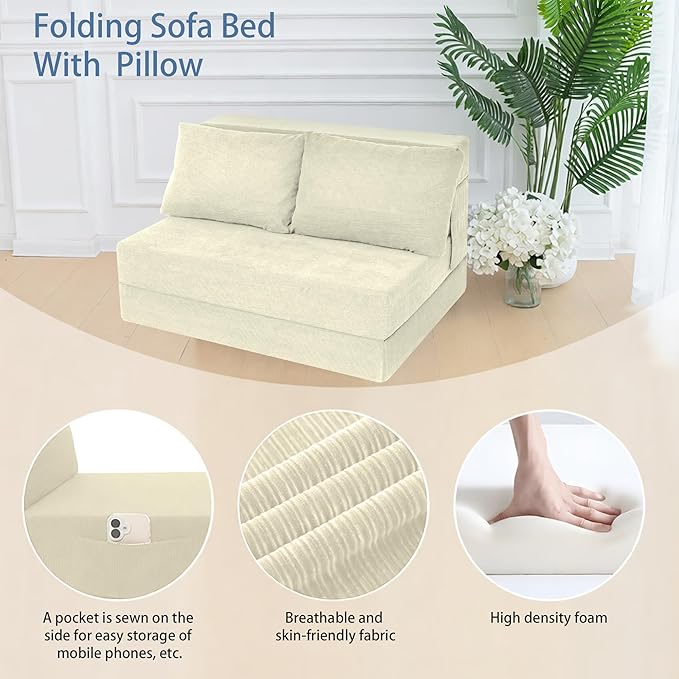 Sofa Bed Foldable Mattress ，Folding Sleeper Sofa Chair Bed Floor Mattress with Pillow for Living Room Home Office (Off White- Corduroy, Twin)