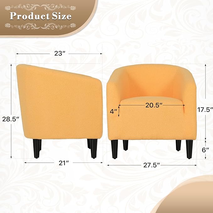 Athena Collection Modern Barrel Accent Chair, Furry Cozy Reading Arm Chair for Adults, Soft Comfy Upholstered Sofa Armchair for Corner, Living Room, Bedroom, Reception Room, Yellow