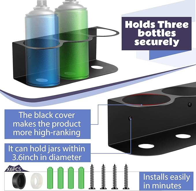 2 Pcs 3 Holes All Purpose Steel Spray Bottle Holder Heavy Duty Can Holder Rack Organizer Easy Install Wall Mount Paint Spray Bottle Organizer Storage Rack for Garage Home Workspace(Black)