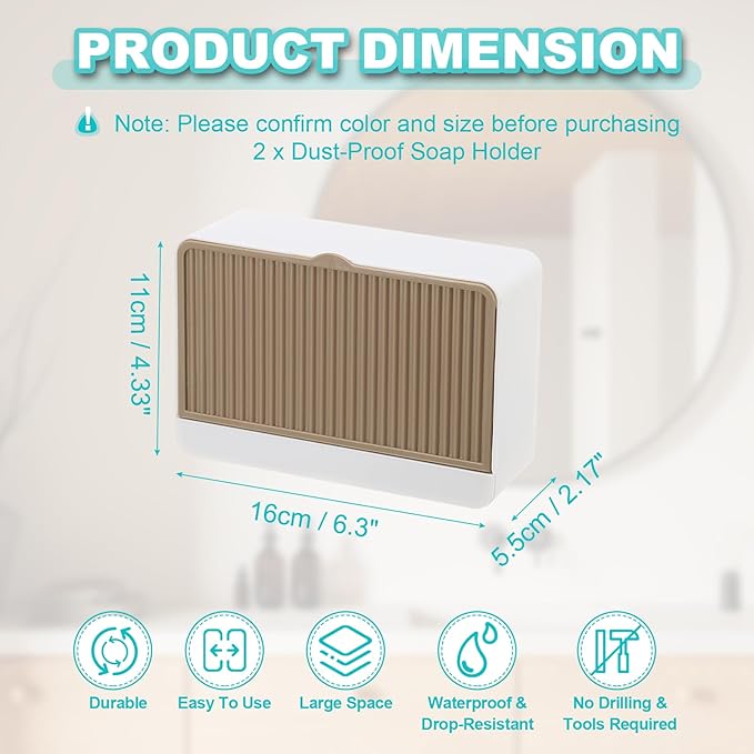 uxcell 2 Pack Dust-Proof Soap Holder, Wall Mounted Soap Dish for Shower Wall No-Drill Adhesive Shower Bar Soap Holder for Bathroom(Khaki, 6.3 x 4.33 Inches)