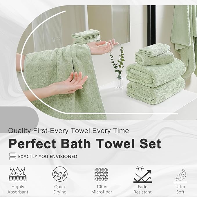 8 Piece Bath Towel Set Green — 2 Oversized Large Bath Sheet,2 Hand Towels,4 Washcloths — Ultra Soft Cozy Bath Towel Set for Bathroom Hotel Gym Spa,Highly Absorbent & Quick Dry Bathroom Towel Collections