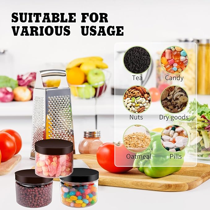 60 Pcs 10 oz Clear Plastic Jars Containers Cylinder Round Containers Airtight Screw Wide Mouth Storage Jars with Lids for Food Kitchen Honey Butter Cosmetics(Black,Brown)