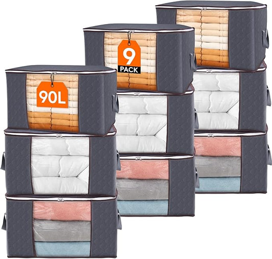 Lifewit 9 Pack 90L Clothes Storage Bins with Lids, Foldable Blanket Storage Bags with Zippers, Clear Window and Reinforced Handles, Closet and Organization for Clothing, Sweater, Comforter, Bedding