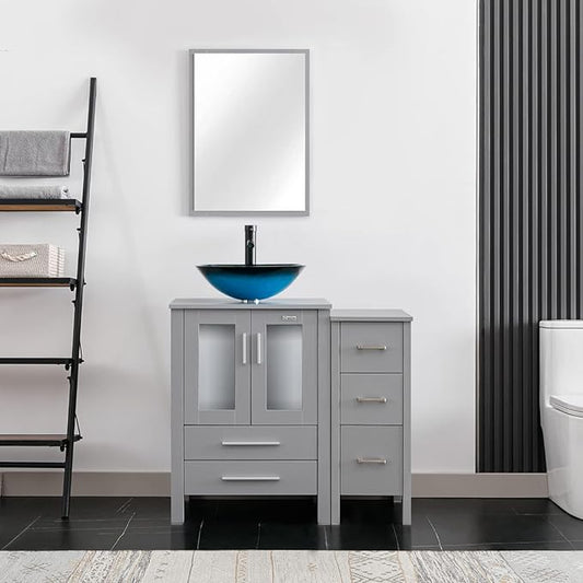 eclife 36" Modern Bathroom Vanity Sink Combo Freestanding Cabinet with Small Side Cabinet, Turquoise Square Glass Vessel Sink, Water Save Faucet, Drain (Gray+A10)