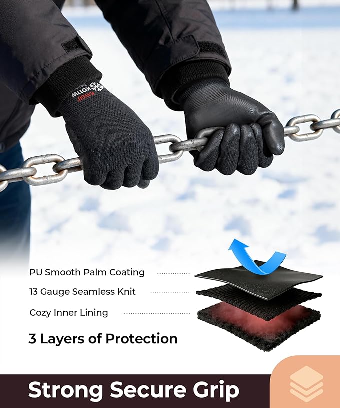 12 Pairs Winter Work Gloves for Men and Women, Thermal Insulated Safety Work Gloves PU Coated, Super Grip,Ideal for Freezer Work,Black,M