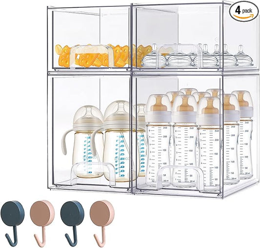 Baby Bottle Organizer-4 Pack Stackable Storage Drawers, Baby Organizers and Storage with Hooks, Clear Acrylic Multipurpose Bottle Storage for Countertop,Kitchen,Cabinet,Vanity,Bathroom