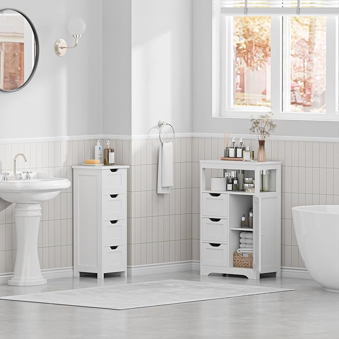 ZENY Bathroom Floor Storage Cabinet with 4 Drawers for Bedroom, Bathroom, Hallway, Narrow Toilet Paper Cabinet, Freestanding (White)