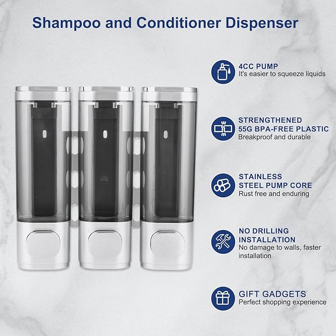 6pcs Shampoo and Conditioner Dispenser No Drill Shower soap Dispenser Wall Mounted 3 Chamber for Bathroom, Kitchen,Hotel Pumps are Easy to use No leaks (Silver)