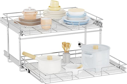 LOVMOR Individual Pull Out Cabinet Organizer, 2 Tier Slide Out Cabinet Drawers, Pots and Pans Organizer and Storage Pantry Shelf for Kitchen (30" W x 21½" D)