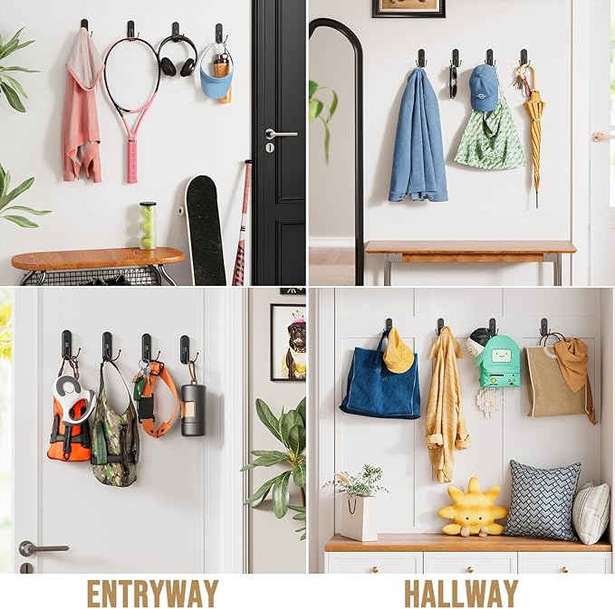 TAILI Adhesive Double Hooks for Hanging, 4 Coat Hooks & 6 Strips, Heavy Duty No-Drill Removable Large Wall Hanger for Towel, Backpack, Hat, Door,Kitchen Home Decor, Decorative Holder - Matte Black