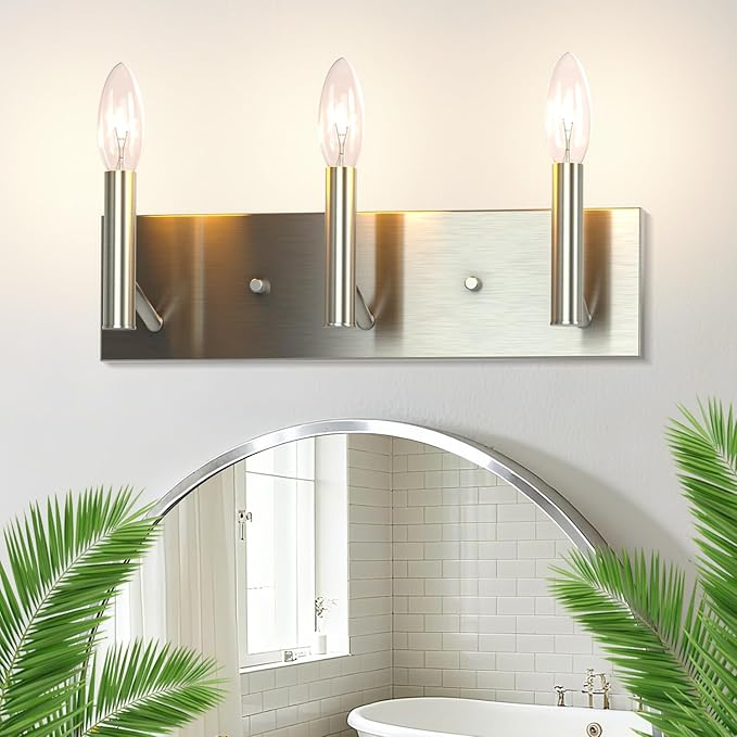 Kalium Bathroom Light Vanity Fixtures Over Mirror, 3-Lights Modern Brushed Nickel Wall Sconces, Minimalist Wall Lights for Livingroom Bedroom Entryway Hallway Staircase, E12 Base(Bulbs Not Included)