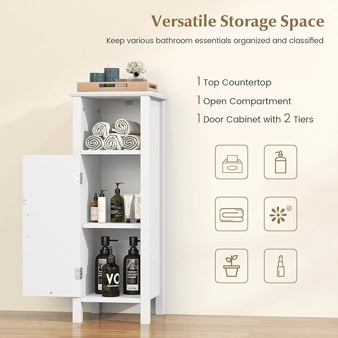 HAPPYGRILL Bathroom Floor Cabinet, Freestanding Narrow Storage Cabinet Console Table Nightstand with Adjustable Inner Shelves, Bathroom Side Storage Cabinet for Living Room Kitchen Entryway (White)