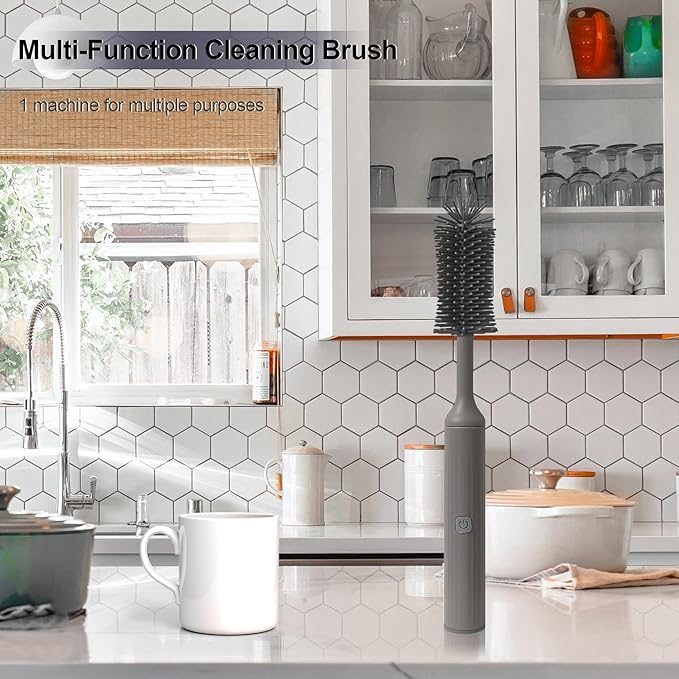 Electric Cleaning Brush with Electric Bottle Cleaner Set and Straw Brush,Suitable for Kitchen Brush and Baby Bottle Brush.Waterproof IPX65(Gray)
