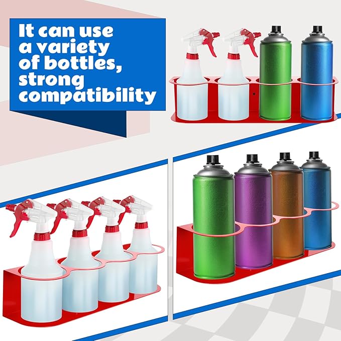 2 Pcs All Purpose Steel Spray Bottle Holder Heavy Duty Can Holder Rack Organizer Easy Install Wall Mount Paint Spray Bottle Organizer Storage Rack for Garage Home Workspace(Red,4 Holes)
