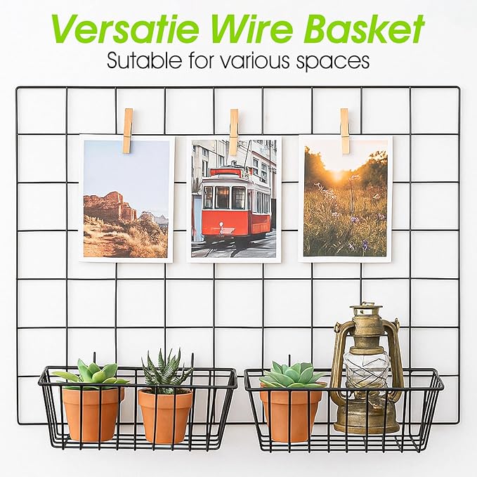 10 PCS Hanging Wire Baskets for Organizing - Hanging Metal Basket Storage with Wall Grid Panel, Rust-Resistant Iron for Kitchen Bathroom Home Decor (Black, 9x3.9x3 Inches)