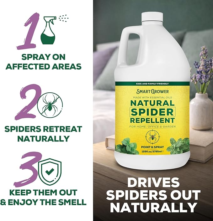Natural Spider Repellent Spray – Indoor Spider Spray with Peppermint & Lavender, Family & Pet Friendly – Fresh Scent Spider Remover for Bedroom, Bathroom, Closets & Corners 128oz Ready to Use