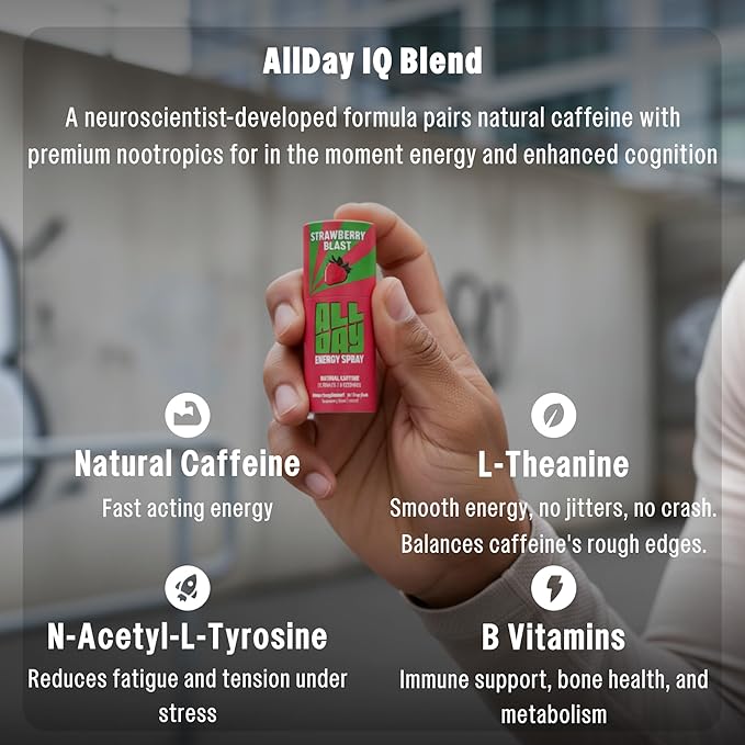 ALLDAY Focus + Energy Spray — Natural Caffeine + L-Theanine + Essential Vitamins — 0 Calorie, 0 Sugar — 12 Spray Bottle — Faster, Cleaner, Smoother Energy (4 Pack Strawberry)