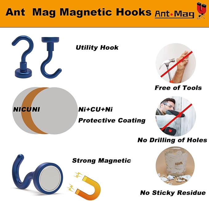 Ant Mag Strong Magnet Hooks 25lbs+ Pulling Force Neodymium Hooks Hangers Heavy Duty Used for Home Kitchen Refrigerator