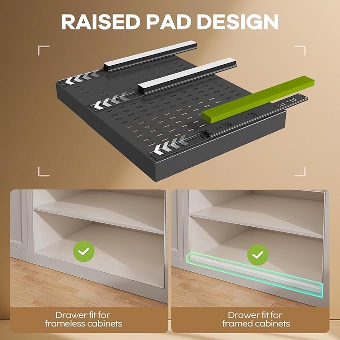 2 Pack Pull out Cabinet Organizer 21" Deep With Raising Pad for Framed Cabinets,Expandable (15.2"-26.3"W) Slide out Drawers for Kitchen Cabinets with 4pcs Divider Racks,Roll out Shelves,Black