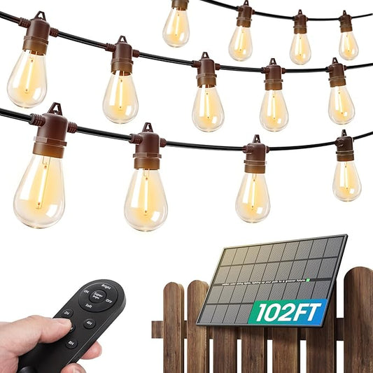 addlon 100FT(2FT) Solar String Lights Outdoor Waterproof with 6W Panel USB Charing & Remote Control Patio Lights Long Last for 20+Hrs Dimmable Solar Power LED Bulbs for Porch Garden Market Bistro