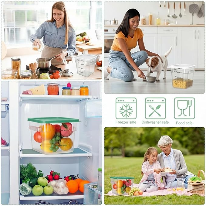 Lallisa 4 Pcs 8qt & 4qt Clear Food Storage Containers with Lids Handles and Scales, Stackable Plastic Square Food Storage Containers for Dough Proofing Baking Kitchen Restaurant(White, Green)