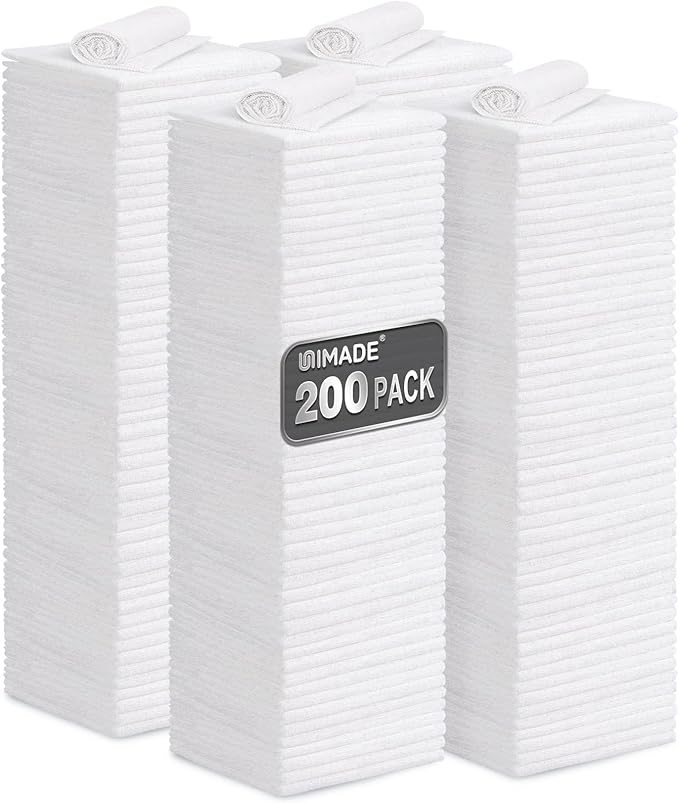 Shop Towel Rag, 200 Pack Reusable Rags Bulk Microfiber Cleaning Cloth Lint Free Towels for Car Kitchen Automotive Bar Mechanic Restaurant Garage, 11.5"x 11.5", White
