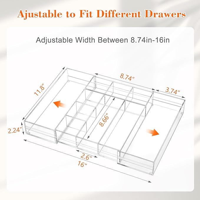 1 Pcs Acrylic Desk Drawer Organizer 2 Inch Height Expandable Drawer Organizer Trays with 10 Adjustable Compartments Desk Accessories for Makeup Silverware Office Bathroom(Clear)
