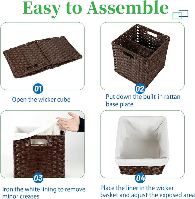 Bidtakay Wicker Storage Baskets with Liners 11x11 Storage Cube Bins for Organizing Imitation Rattan Woven Baskets 2-Pack Woven Storage Baskets with Handles for Pantry-Reddish Brown