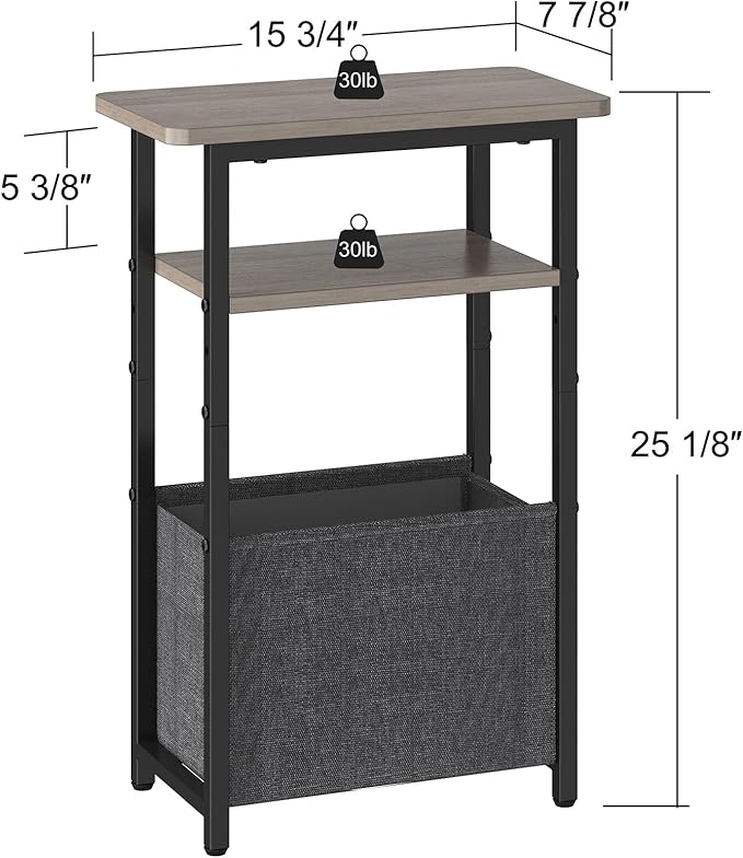Narrow Side Table, Skinny End Tables with Fabric Basket, Small Side Tables for Small Space, 2-Tier Open Shelves with Basket, Slim Nightstands for Bedroom,Living Room,Office, Grey
