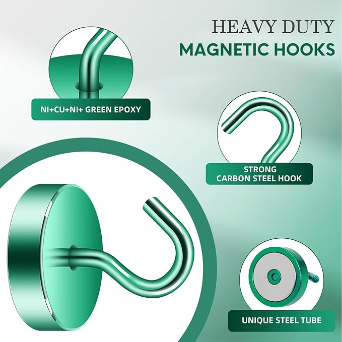 Neosmuk Magnetic Hooks, Cruise Ship Essentials, 8lb+ Heavy Duty Magnetic Hooks for Cruise Cabins, Refrigerator, Grill, Hanging, and Travel | Extra Strong Must-Haves Magnet Hook,Green，4 Pack