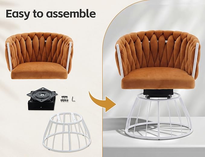 Premium Orange Velour Swivel Chair - Handwoven Tufted Design | Designer Accent Seating