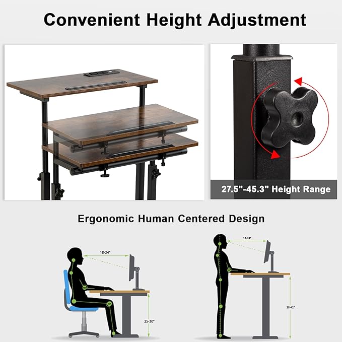 Hadulcet Mobile Standing Desk with Wheels, Rolling Desk Adjustable Height, Portable Laptop Table with Charging Station, Sit Stand up for Home Office, Study, Classroom, Rustic Brown