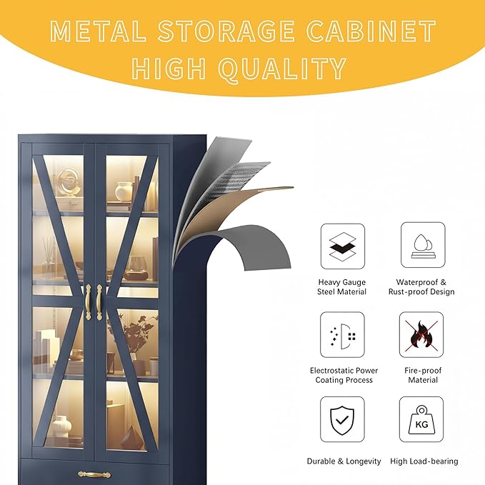 DWVO Display Cabinet with LED Lights, 61" Metal Display Case with Glass Barn Doors for Collectibles, Organizer Cabinet with 3 Adjustable Shelves and Drawer for Living Bedroom, Office, Navy Blue