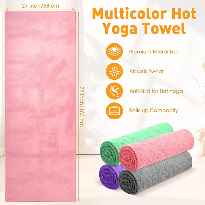 4 Pcs Hot Yoga Towels Bulk Non Slip Microfiber Anti Slip Absorbent Multicolor Wicking Pilates Yoga Mat Towel for Women Men Pilates, 27" x 72" (Vivid)