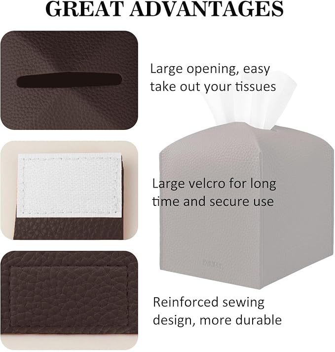 Tissue Box Cover Holder Square Tissue Cube Cover PU Leather Tissue Organizer with Bottom Belt for Bathroom, Tabletop, Car, Night Stands, Office, Home, Kitchen (1, CoffeeBrown)