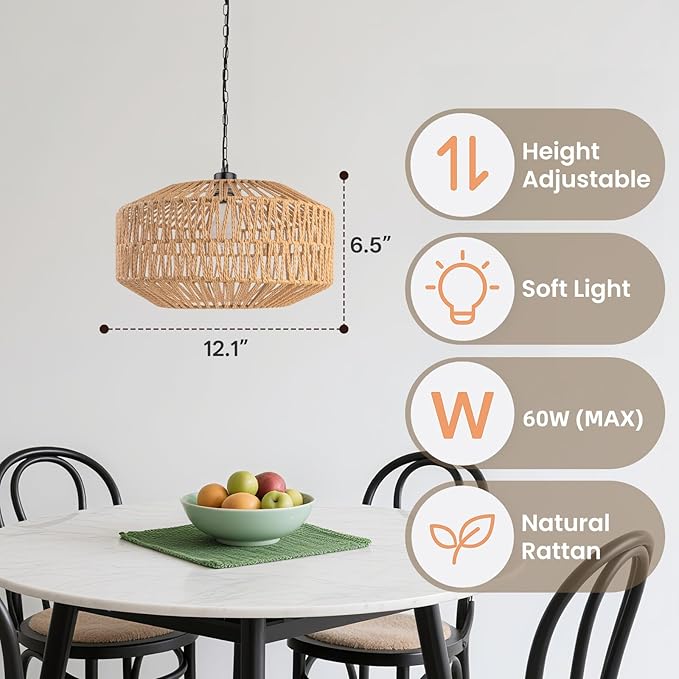 Farmhouse Chandelier Light Fixture, Rattan Boho Chandeliers, Hand Woven Pendant Light with Height Adjustable, Rustic Hanging Lighting for Living/Dining Room, Kitchen Island, Bedroom (Medium)