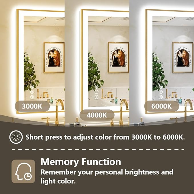 28x36 Inch LED Bathroom Mirror with Lights (Front Lit and Backlit) Gold Framed Lighted Vanity Mirror for Bathroom Wall Dimmable Anti-Fog Memory Tempered Glass Horizontal/Vertical