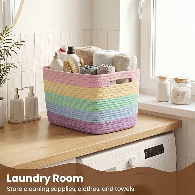 Storage Baskets for Organizing, 14 x 10 x 9” Closet Shelf Woven Baskets, Square Bins with Handles, Cotton Rope Basket for Toys, Clothes, Office, Room, Rainbow 1 Pack