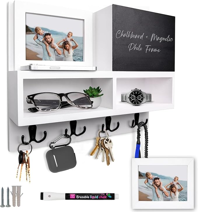 Spacelog Key and Mail Holder for Wall with Chalkboard – Magnetic Picture Frame Key Holder Wall Mount, White, Dual Storage & Cupboards