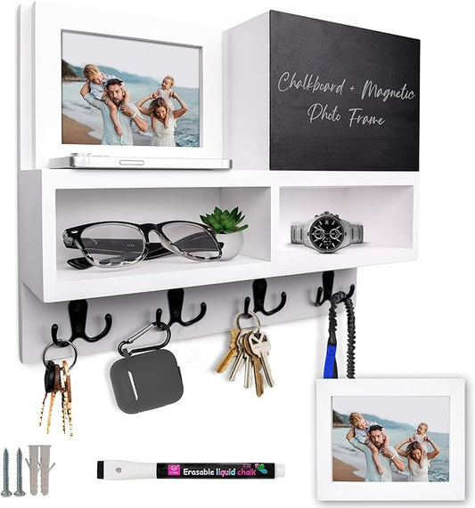 Spacelog Key and Mail Holder for Wall with Chalkboard – Magnetic Picture Frame Key Holder Wall Mount, White, Dual Storage & Cupboards